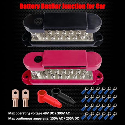 Ampper 1/4" Stud Power Distribution Block Bus Bar 12 x #8 Screw Kit, R & B - color: Red & Black, size: Plated Brass Kit