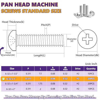 20Pcs 6-32x1 Phillips Pan Head Machine Screws Kit 304 SS for Outlet - size: 6-32 x 1