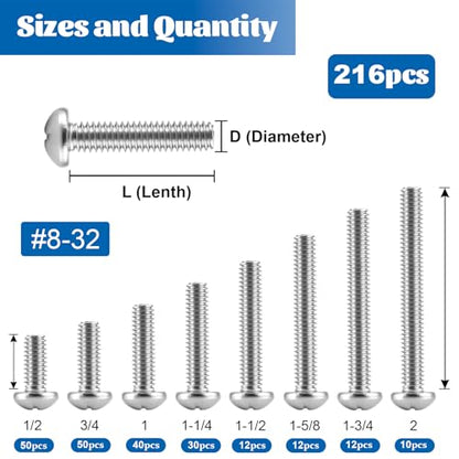 216PCS #8-32 Machine Screws Phillips Pan Head Bolts Nut Assortment Kit - size: SS #8-32 216PCS