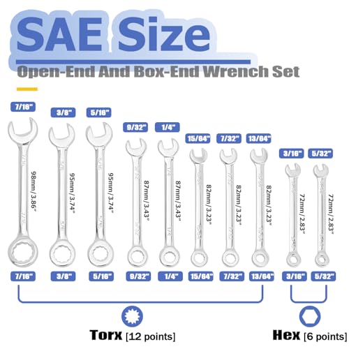 Mesee Small Wrench Set, 10 Pieces SAE Open End and Box End Combination Wrenches 5/32"-7/16" Mini Ignition Wrench Ratchet Spanner Repair Tools for Automotive Industry Electronics Mechanic Home