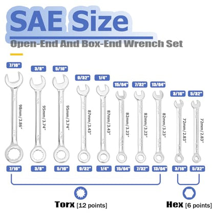 Mesee Small Wrench Set, 10 Pieces SAE Open End and Box End Combination Wrenches 5/32"-7/16" Mini Ignition Wrench Ratchet Spanner Repair Tools for Automotive Industry Electronics Mechanic Home