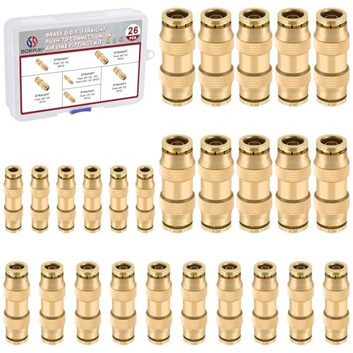26PCS 5/32" 1/4" 3/8" Brass Dot Air Line Fitting Kit, Straight Union - size: 1/4" + 3/8" + 5/32"