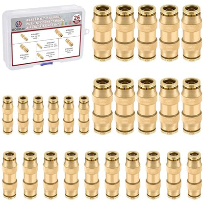 26PCS 5/32" 1/4" 3/8" Brass Dot Air Line Fitting Kit, Straight Union - size: 1/4" + 3/8" + 5/32"
