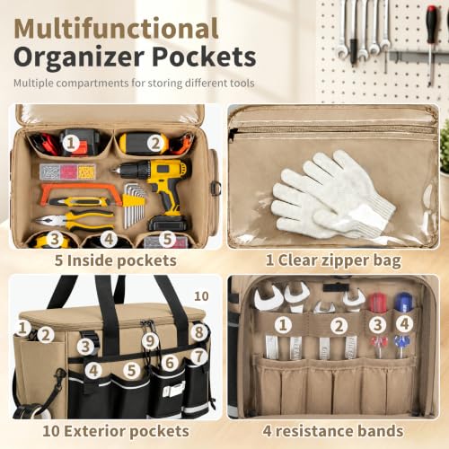14-Inch Heavy Duty Tool Bag, 17 Pocket Tool Box Organizer - color: Khaki