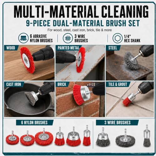 9 Pack Nylon Filament Abrasive Brush Set with 3 Wire Brushes for Drill