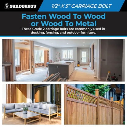 Sandbaggy 1/2” x 5” Galvanized Carriage Bolts for Wood - Round Head - ACQ Approved, Compatible with Pressure Treated Wood (175, 1/2” x 5” (Galvanized))