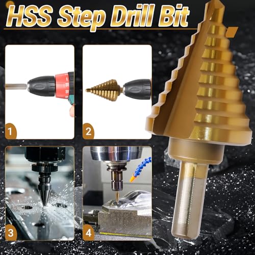 Uenhoy Titanium Step Drill Bit 1/4 to 1-3/8 Inches, 10 Sizes Drill Cone Bit - size: 1/4 to 1-3/8 Inch