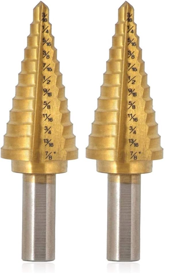 Saiper Titanium Step Drill Bit 3/16" to 7/8" (12 Step Sizes) HSS 4241 Triangle Handle Step Drill Bits Drill Holes for Plastic, Aluminum, PV Plate (Pack of 2) - size: 3/16" to 7/8" (12 Step Sizes) (Pack of 2)