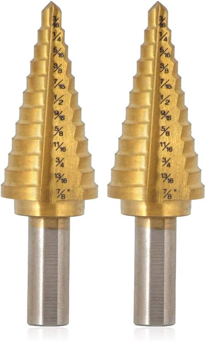 Saiper Titanium Step Drill Bit 3/16" to 7/8" (12 Step Sizes) HSS 4241 Triangle Handle Step Drill Bits Drill Holes for Plastic, Aluminum, PV Plate (Pack of 2) - size: 3/16" to 7/8" (12 Step Sizes) (Pack of 2)