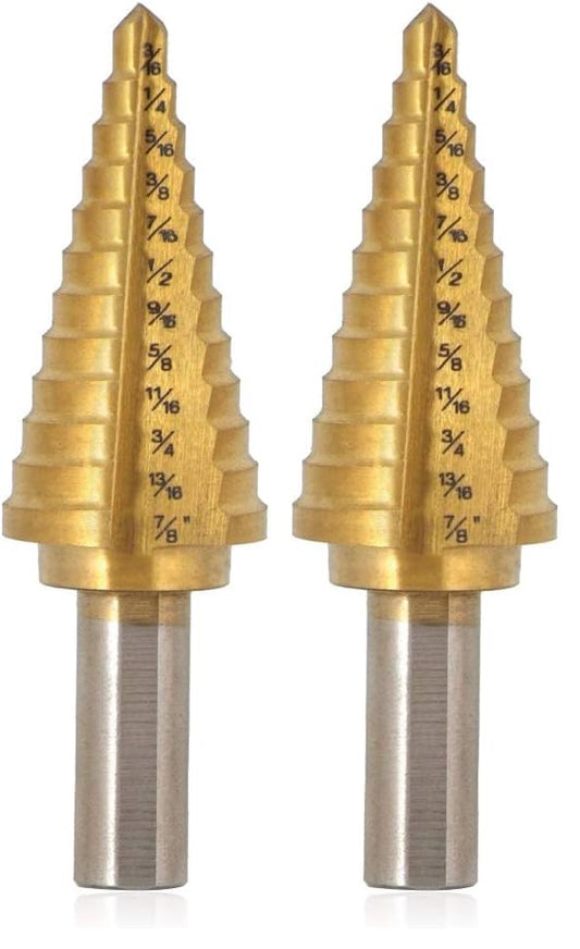 Saiper Titanium Step Drill Bit 3/16" to 7/8" (12 Step Sizes) HSS 4241 Triangle Handle Step Drill Bits Drill Holes for Plastic, Aluminum, PV Plate (Pack of 2) - size: 3/16" to 7/8" (12 Step Sizes) (Pack of 2)