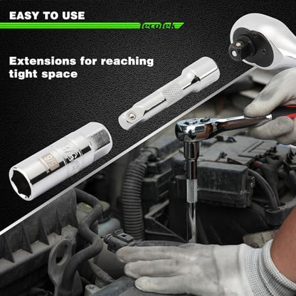 TecoTek 11-Piece Spark Plug Socket Set with 3/8" Drive Ratchet Handle, Spark Plug Gapper, Universal Joint and Extension Bar, 5/8", 3/4", 13/16", 14mm, 18mm, CR-V Sockets with Rubber Retaining Rings - size: 11PCS Spark Plug Socket Set with Ratchet Handle