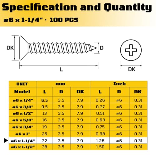 #6 x 1-1/4 inch Flat Head Wood Screws, 304 Stainless Steel Phillips Drywall Screws and Tapping Screws, High Hardness Screws for Drywall, Sheetrock, Wood (100 pcs) - size: #6 x 1-1/4"