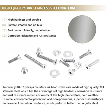 212 Pieces #8-32 x 1/4", 5/16", 3/8", 1/2", 5/8", 3/4", 1", 1-1/4", Countersunk Head Socket Cap Screws Nuts Washers Assortment Kit, 304 Stainless Steel, Fully Machine Thread - size: #8-32, style: Countersunk Head