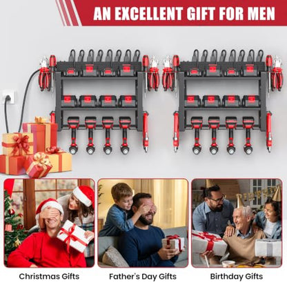 Power Tool Organizer Wall Mount, 8-Outlet Charging Station, 4 Drill Holders - size: 16.5" Width 3-Tier
