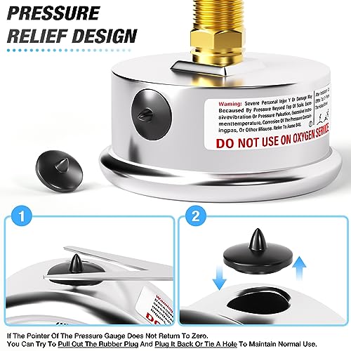 MEANLIN MEASURE 0~100Psi Liquid Filled Pressure Gauge 1/4" NPT 2.5" FACE DIAL Stainless Steel Glycerin Filled WOG Water Oil Air Back Mount (with 2PCS Snaps) - size: 0-100Psi