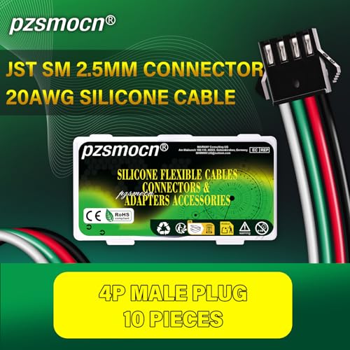 10 Pieces JST SM 2.5mm 4 Pin 20AWG Flexible Silicone Connector Kit - size: 4-Pin, style: JST-SM-M
