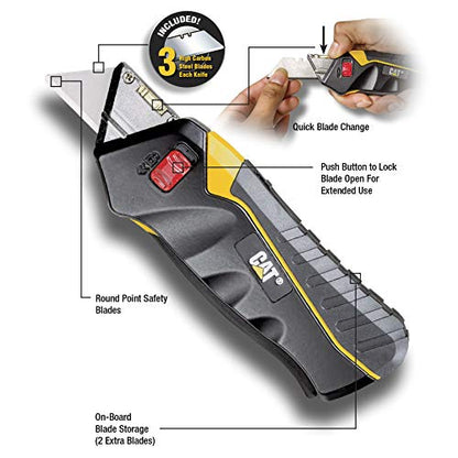 Cat Safety Utility Knife Box Cutter Self-Retracting, Squeeze Handle to Extend, Release to Retract, Lock Open w/Switch, Ergo Handle w/ 3 Safety-Tip Blades That Store Inside - 240071