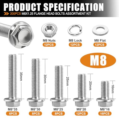 mankk 200PCS Flange Head Bolts Assortment Kit M8x1.25 Bolt (Length 16/20/25/30/35mm) Metric Bolt Stainless Steel Hex Head Bolts and Serrated Flange Nuts Kit Full Thread M8 Bolt - size: SS 200PCS M8 Kit