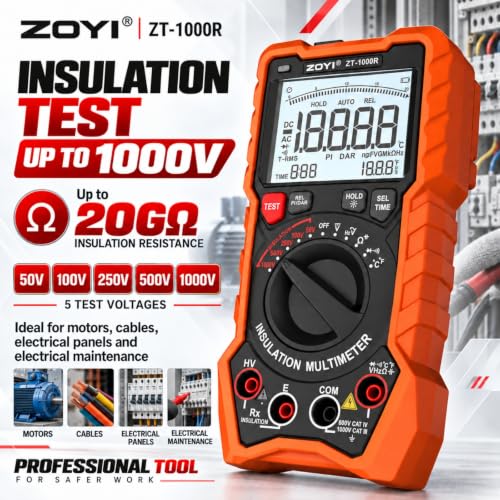 ZOYI ZT-1000R 2 in 1 Megohmmeter Multimeter, 50V/100V/250V/500V/1000V 5 Gear with DAR&PI, Insulation Resistance up to 20GΩ, 19999 Counts Auto Range T-RMS, V,Ω,C,FREQ,Temp, Diode,Continuity Tester