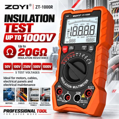 ZOYI ZT-1000R 2 in 1 Megohmmeter Multimeter, 50V/100V/250V/500V/1000V 5 Gear with DAR&PI, Insulation Resistance up to 20GΩ, 19999 Counts Auto Range T-RMS, V,Ω,C,FREQ,Temp, Diode,Continuity Tester
