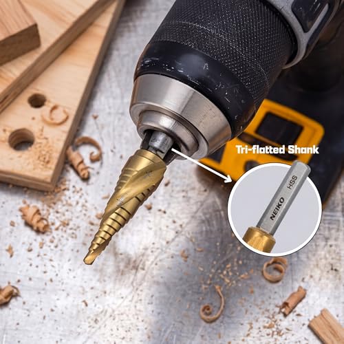 NEIKO 10615A Step Drill Bit, 2 Steps 3/8" to 1/2" Spiral High Speed Steel, Titanium Nitride Coated, 1/4" Tri Flat Step Bits for Steel, Metal, Wood, Plastic, Unibit Cone Drill Bits, Two Flute - size: #6 (3/8 - 1/2", 2S), style: Spiral
