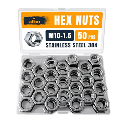 ALBO 50 PCS M10-1.5 Hex Nuts – Stainless Steel 304 Metric Nuts Set in Reusable Box – Hardware for Automotive & DIY – M10 Nuts, Metric Nut Assortment - size: М10-1.5, 50pcs