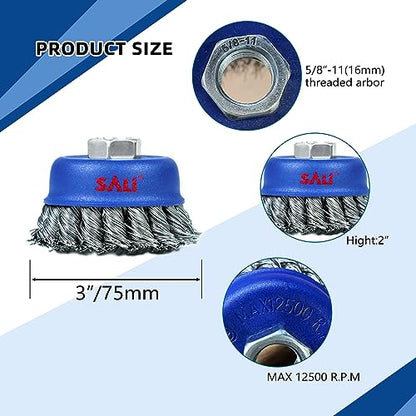 SALI 12 Pack Wire Cup Brush, 3 Inch Twisted Knotted Cup Brush for Grinders, with 5/8-11 Inch Arbor for Heavy Cleaning Rust, Stripping and Abrasive, for Angle Grinder - style: Twiste Wire