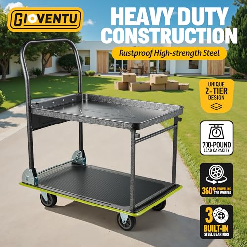 2-Tier Push Cart Dolly, 700 LBS Heavy Duty Foldable Platform Flatbed Cart