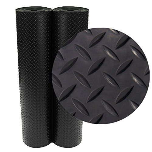 Rubber-Cal Diamond-Plate Rubber Flooring Roll - 3 mm x 4 ft x 5 ft Roll - Black - size: 60"L x 48"W x 0.1"Th