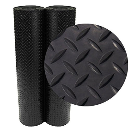 Rubber-Cal Diamond-Plate Rubber Flooring Roll - 3 mm x 4 ft x 8 ft Roll - Black - size: 96"L x 48"W x 0.1"Th
