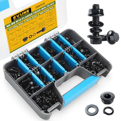 Metric Flange Bolt Assortment,296Pcs M6x1.0,M8x1.25 M10x1.5,Hex Bolts and Nuts Washers Kit,10.9 Alloy Steel Black Zinc Plated(12mm to 30mm) - size: Black M6/8/10 296PCS Flanged Bolt