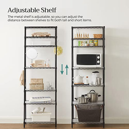 SONGMICS 7-Tier Storage Shelves, Adjustable Wire Shelving Unit, 8 Hooks - color: Ink Black, size: 7 Tiers (13.4"D x 23.2"W)