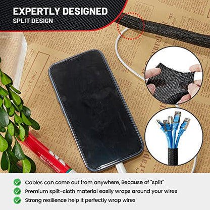 RED WOLF Cable Sleeves Cord Management Braided Wire Loom Split Sleeving 3/8 Inch x 10 FT Protector Wiring Cable Cover Flexible Self-Wrap for Automotive Home Office Anti-Scratch High-Temperature Black - size: 3/8" x 10FT