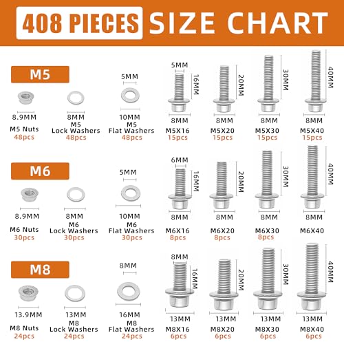 304 Stainless Steel (A2-70) Metric Bolt & Nut Assortment Kit - 408pcs M5/M6/M8 Hex Bolts, Nuts & Washers Set - Fully Threaded 18-8 Stainless Steel Hardware Kit - size: 408 pieces M5/M6/M8