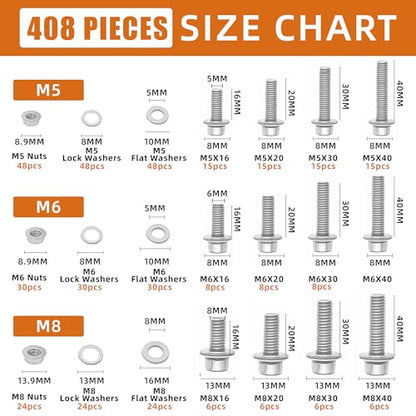 304 Stainless Steel (A2-70) Metric Bolt & Nut Assortment Kit - 408pcs M5/M6/M8 Hex Bolts, Nuts & Washers Set - Fully Threaded 18-8 Stainless Steel Hardware Kit - size: 408 pieces M5/M6/M8