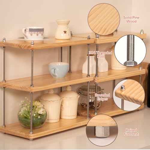Solid Wood Coffee Bar Shelf/Rack for Countertop, 3 Tier, Natural - color: Natural, size: 24MM Thick