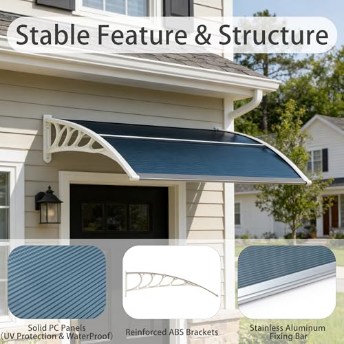 58.5x35 Inch Patio Window Awning Shade, Polycarbonate Door Entrance Canopy Cover Protection for Sunshine & Rain, Gray with White Edge - color: White + Gray