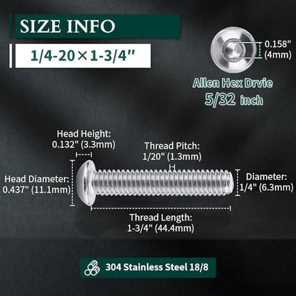 1/4-20 x 1-3/4" Button Head Socket Cap Bolts Screws, 304 Stainless Steel 18-8, Allen Hex Drive, Bright Finish, Fully Machine Thread, Pack of 25 - size: 1/4-20 x 1-3/4