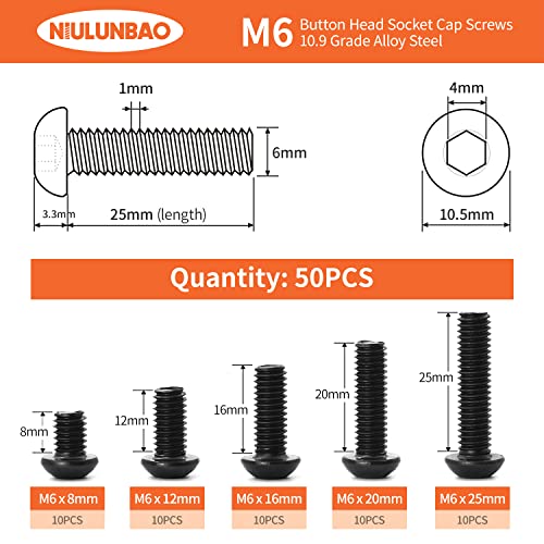 M6 x 8mm 12mm 16mm 20mm 25mm Button Head Socket Cap Screws Bolts 10.9 Grade Alloy Steel Metric Machine, Black Oxide Finish, Allen Hex Drive, Fully Threaded, Assortment Kit 50PCS - size: M6 x 8/12/16/20/25mm (50PCS)