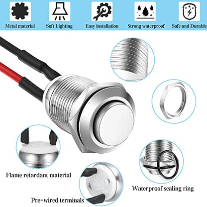 Gebildet 3 Pcs 12mm Prewired High Head Waterproof Push Button Latching 2A 12V/24V/125V/250V AC Self-Locking Stainless Steel Push Button On Off - color: SS-Latching