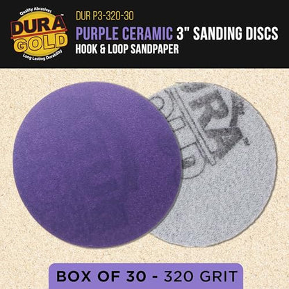 Dura-Gold Premium 320 Grit 3" Purple Film Ceramic Sanding Discs, Box of 30 - style: 320 Grit