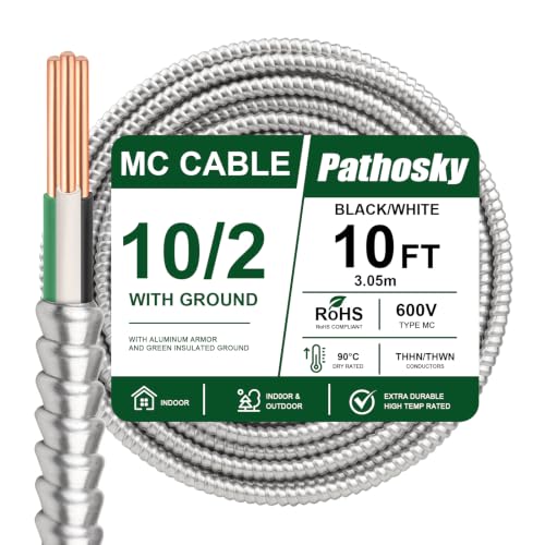 10/2 MC Cable 10 FT, Metal Clad Electrical Wire with Green Insulated Ground, 10 AWG Solid Pure Copper Conductors, Aluminum Armor Real THHN/THWN, 600V 90°C Indoor/Outdoor Rated UL Listed - color: 10 FT, size: 10AWG/2