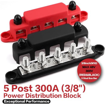 300A Bus Bar 5 Post 12V-48V Battery Terminal Power Distribution Block - color: M10(3/8")