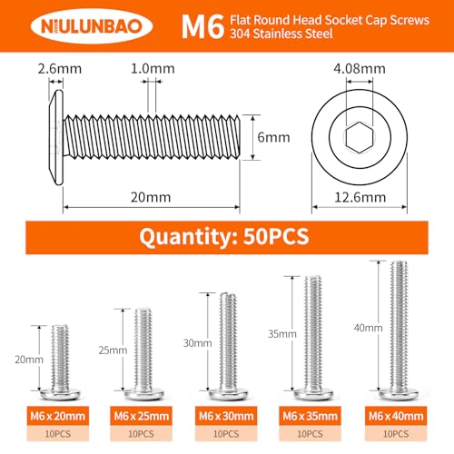 M6 x 20mm 25mm 30mm 35mm 40mm Flat Round Head Hex Socket Cap Screws Bolts, Furniture Screws, 304 Stainless Steel, Metric Fully Threaded, Allen Hex Drive, Bright Finish, Assortment Kit 50PCS - size: M6 x 20/25/30/35/40mm (50PCS)