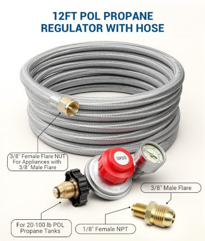 DPB 12FT Adjustable High Pressure Braided Propane Regulator with Hose - size: 12FT