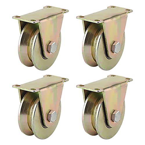 LEXININ 4 PCS 3 Inch V Groove Track Roller, 45# Steel Sliding Gate Casters Wheels with Bracket, V-Shaped Bracket Roller for Sliding Doors, Industrial Machines, Wire Rope Rail