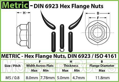 MonsterBolts - M5 Serrated Flange Nuts, DIN 6923, Zinc CR+3, 10 Pack - size: M5 - 0.80
