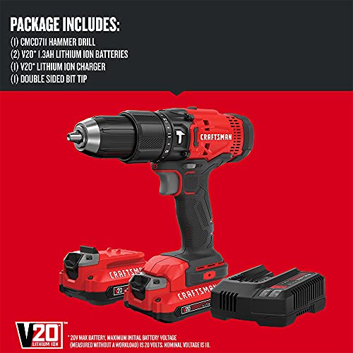 CRAFTSMAN V20 Cordless Hammer Drill Kit, 1/2 inch, 2 Batteries and Charger Included (CMCD711C2) - style: Hammer Drill Kit Only