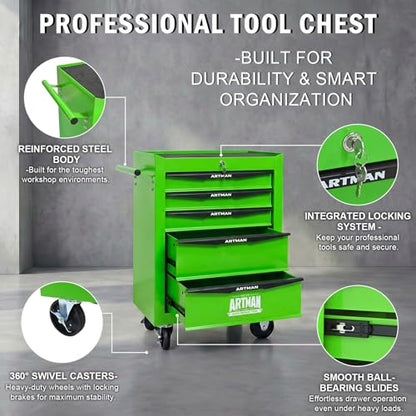 5-Drawer Rolling Tool Chest, Lockable for Garage, Green - color: Green, size: 5-Drawers