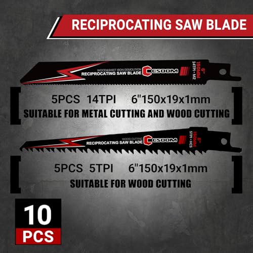 CSOOM 10-Piece 6-Inch Reciprocating Saw Blades Set (5 TPI and 14 TPI) for Fast Wood & Metal Cutting - size: 6 Inch